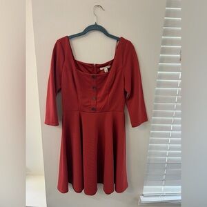 Miami Red A-Line Dress Square Neck 3/4 Sleeve